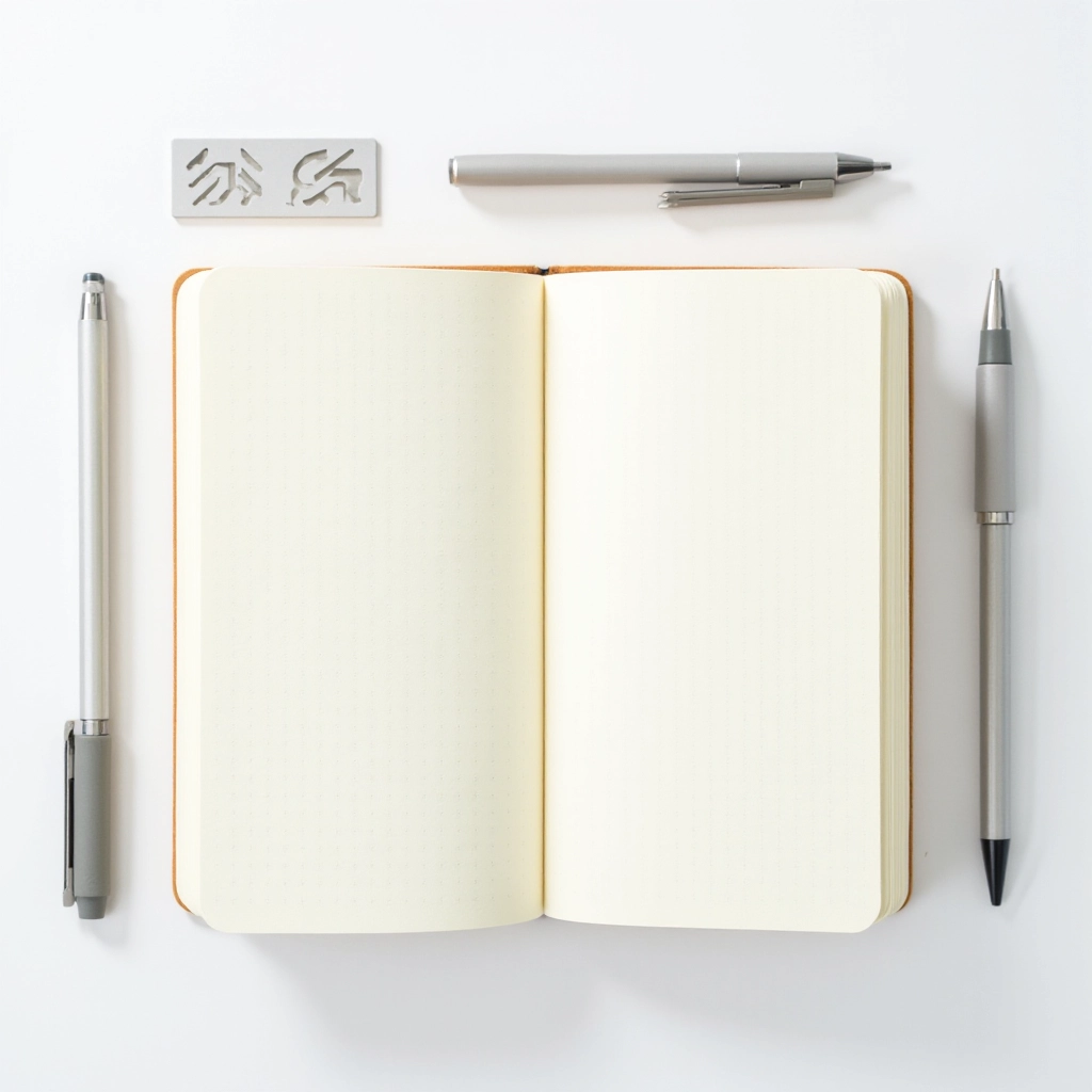 Bullet journal starter set flat-lay with open dotted notebook, fine-tip and gel pens, metal stencil guide on white background, sharp focus