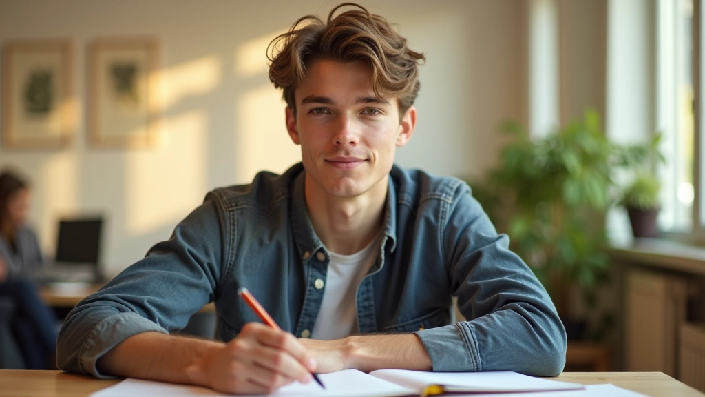Student studying at desk with quality stationery, notebook open, pen in hand, morning sunlight, focused expression, relaxed productive atmosphere